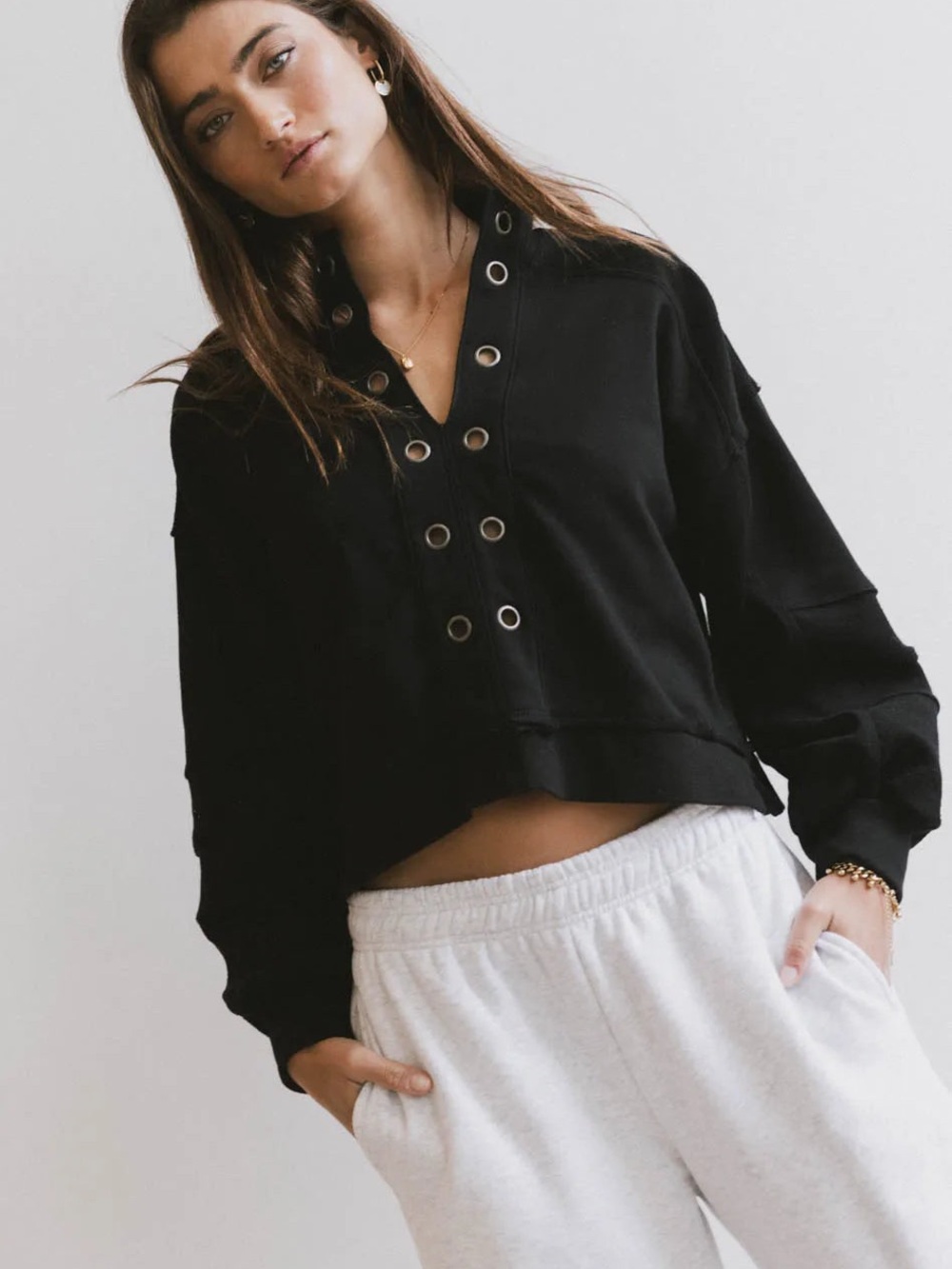 bohme Black Cropped Grommet V-Neck Sweatshirt